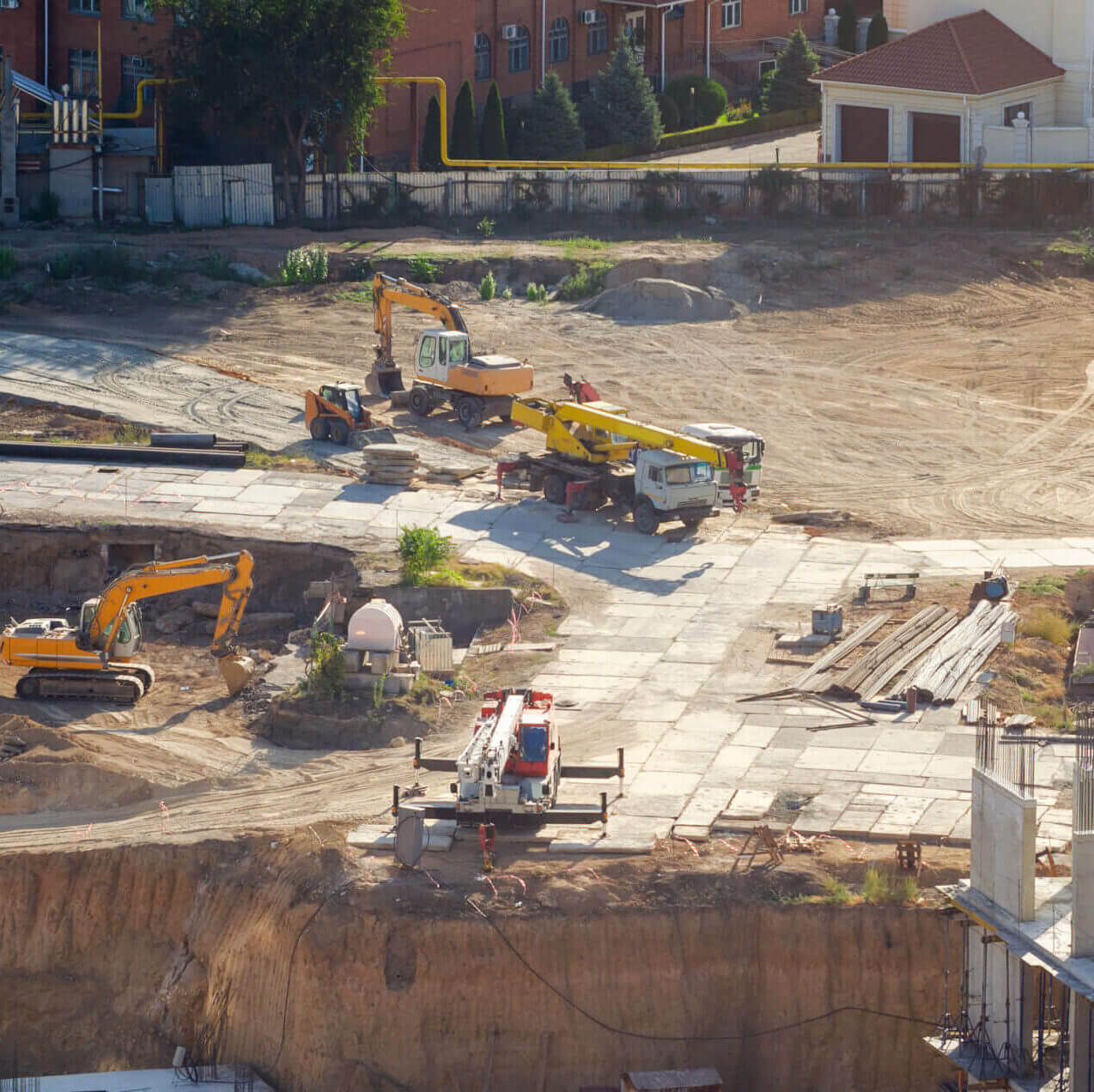 Aerial View Of Construction Site, Construction Of New Building In Residential Area